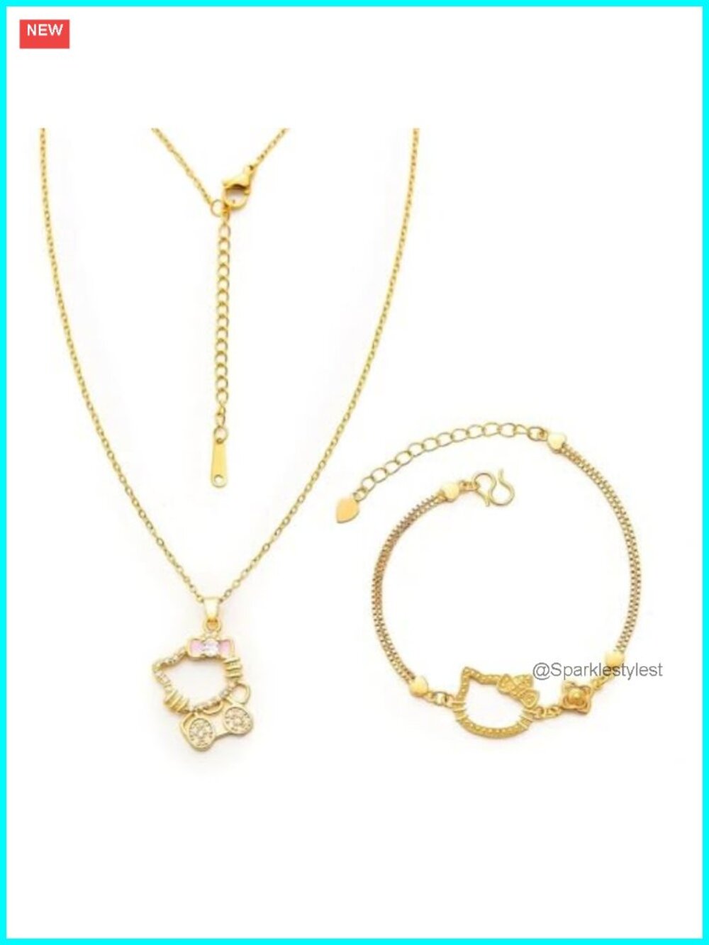 Gold Plated Cat Bow Pendant Necklace Bracelet Set CZ Kawaii Gift Jewelry
